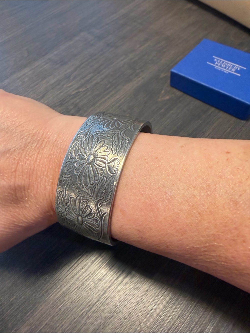 Floral Engraved Pewter Cuff Bracelet - Women's Jewelry